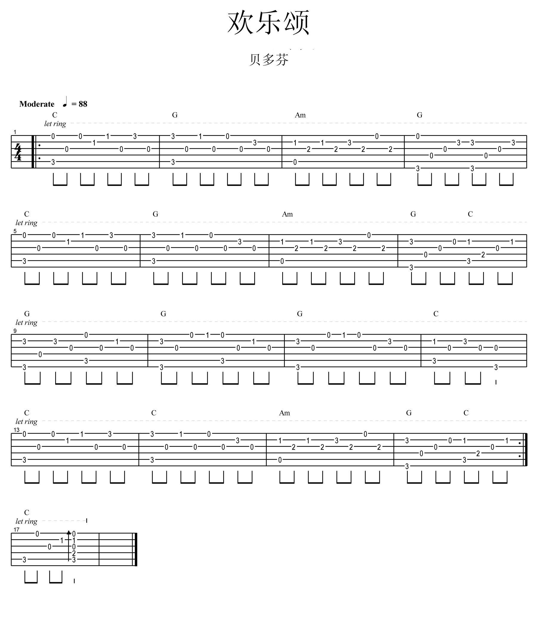《欢乐颂》吉他谱简单版是什么？