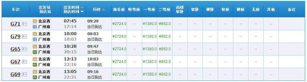 北京到广州的高铁票价是多少