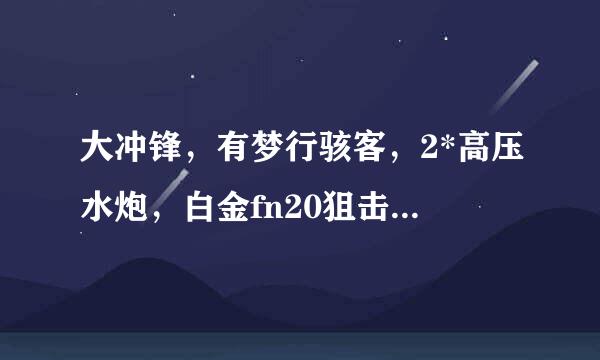 大冲锋，有梦行骇客，2*高压水炮，白金fn20狙击枪，黄金增压速射枪，p90*2，黄金哨兵，人物精