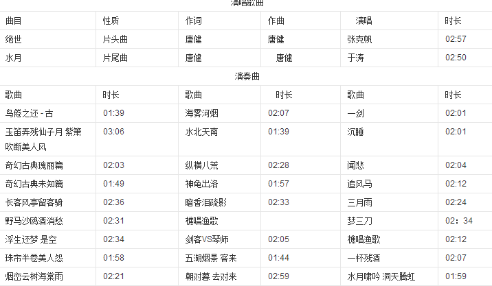 水月洞天~灵镜传奇~中所有歌曲的名字