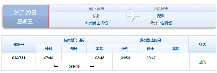 ca1731航班4月29号是否推迟时间起飞