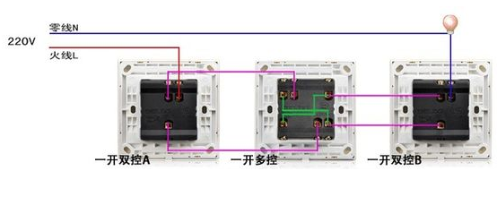 一灯三控开关实物接线图