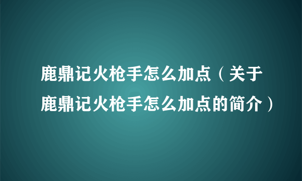 鹿鼎记火枪手怎么加点（关于鹿鼎记火枪手怎么加点的简介）